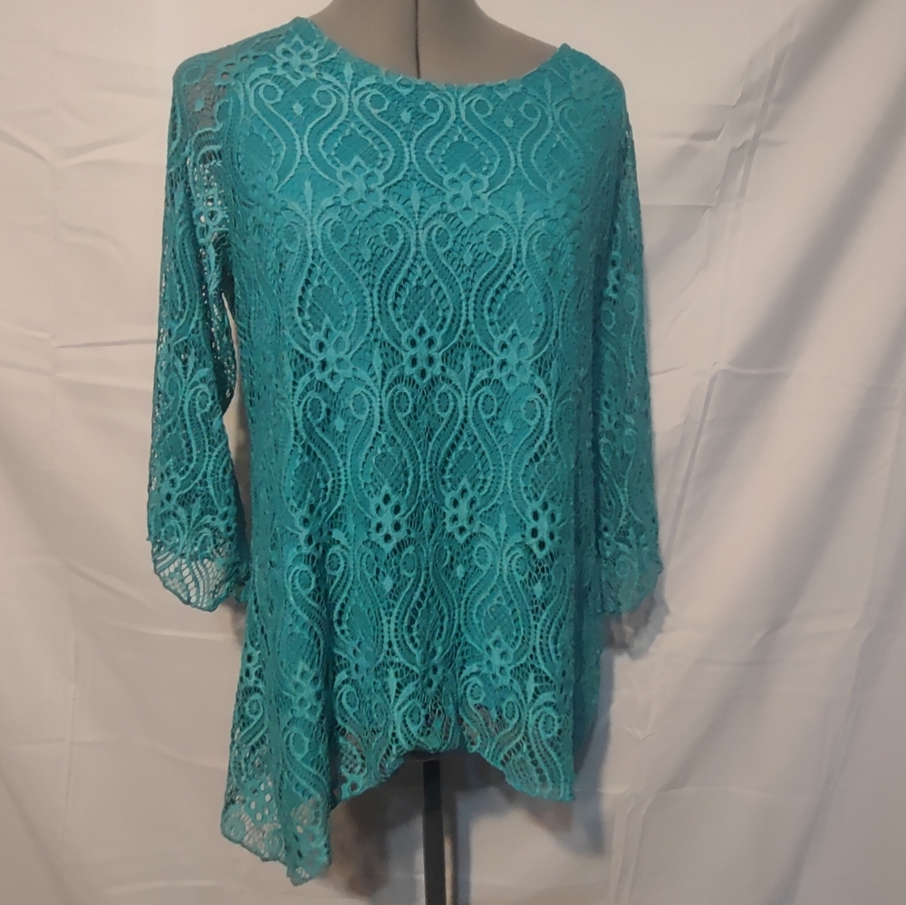 🍌 Brittany Black Elegant Teal Lace Women's 3/4 Sleeve Top Large
